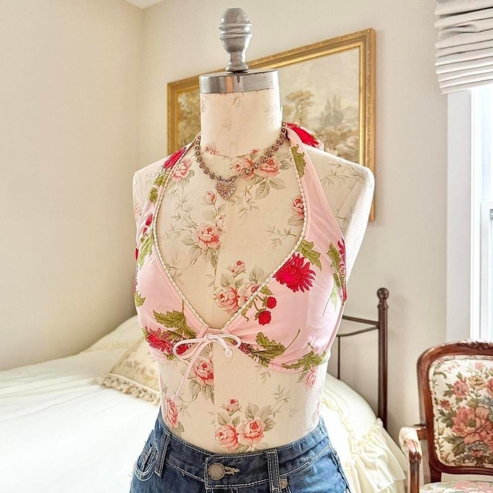 pink floral bikini top y2k coco reef pink floral halter top size 34d